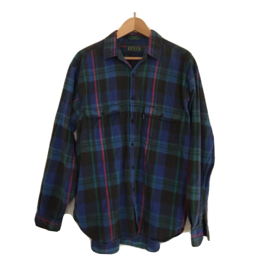 Vintage Sutter Creek LEVIS BIG E Flannel Shirt L Plaid Blue Red Green Button Up